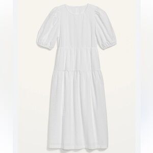 🤍Old Navy White Tiered Puff-Sleeve All-Day Midi Swing Dress XL 🤍